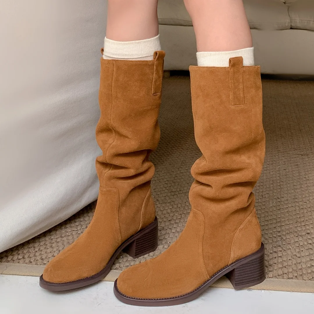 

danxuefei women's cow leather round toe slip-on autumn pleated knee high knight boots 5.5cm thick med heel casual long boots hot