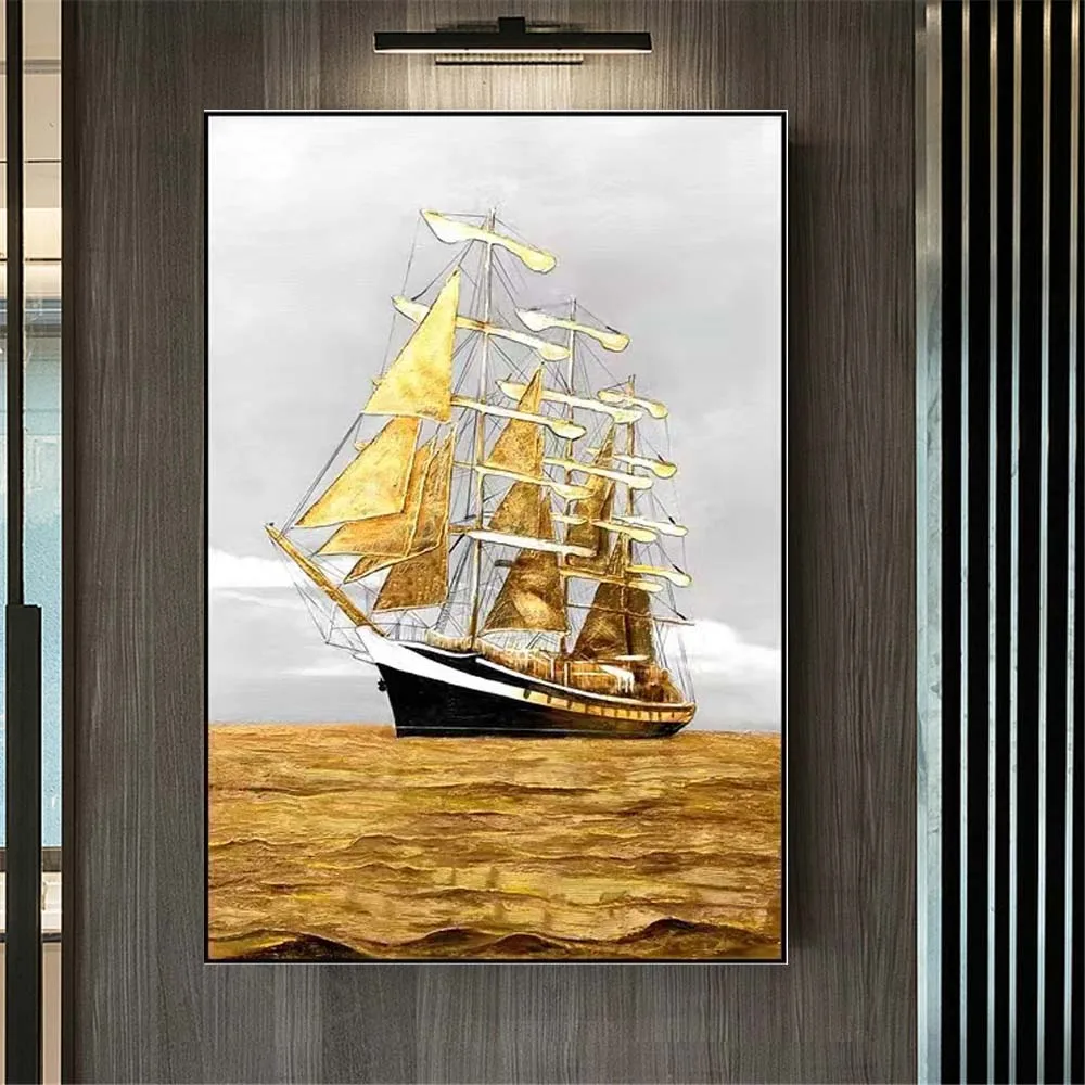 100% Handmade Golden Texture Sea With Sailboat Landscape Wall Art Pictures Artwork Modern Oil Painting Decor Living Room Porch