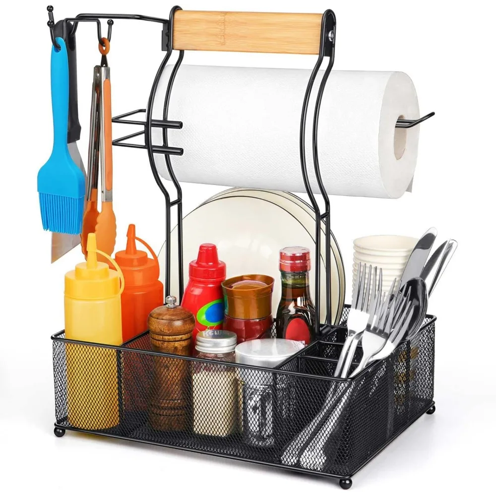 

Outdoor BBQ Caddy with Paper Towel Holder, Multi-Compartment Storage Organizer for Grilling and Camping Accessories