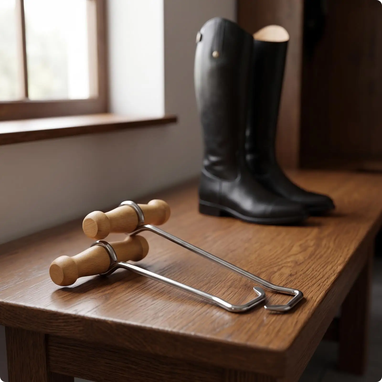 Steel Boot Hook with Wooden Grip for Equestrian Boots and Horse Riding Footwear Pulling Aid