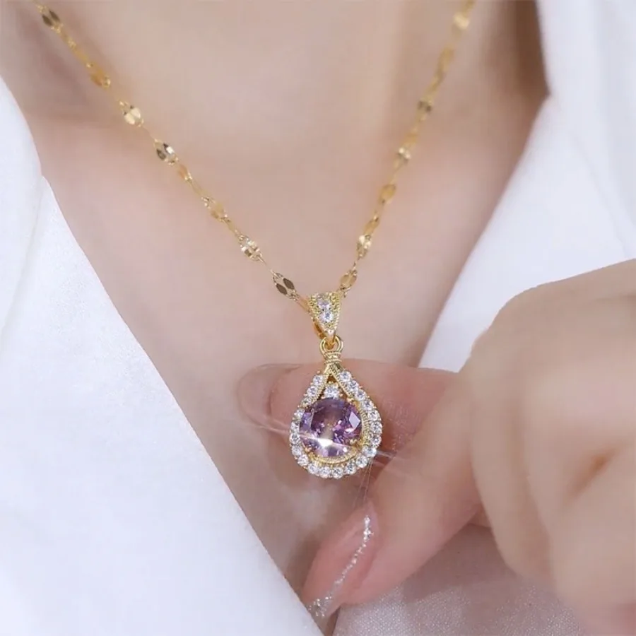 Dreamy Violet Water Drop Pendant Necklace for Women, Elegant and Light Luxury Niche Design