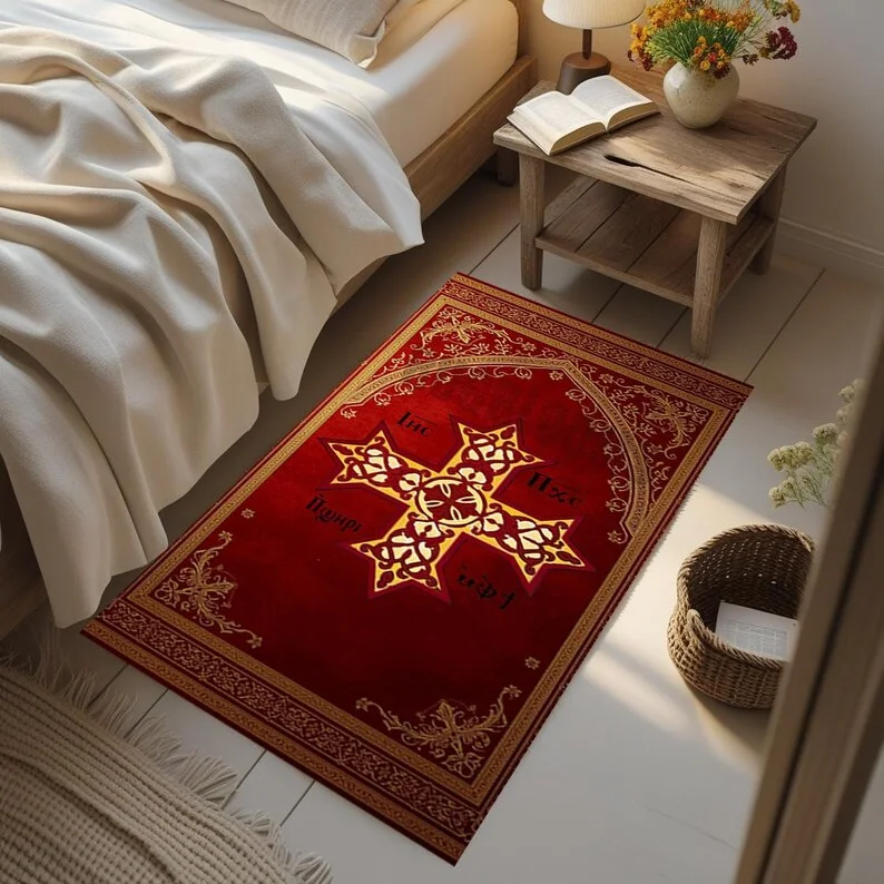Gothic Black Orthodox Cross Rug Traditional Luxury Border Pattern Living Room Carpet Christian Theme Floor Mat