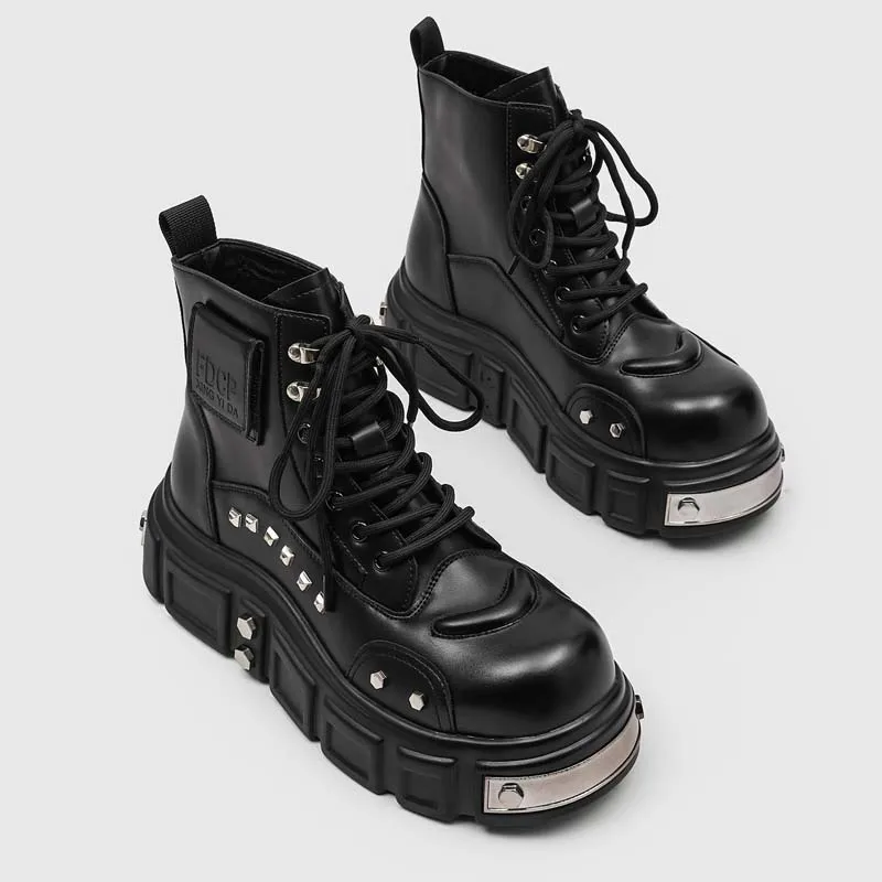 Men Height-increasing Chelsea Boots Black Color Metal Protective Toe Cap British Style Thick-soled Durable High-top Work Boots