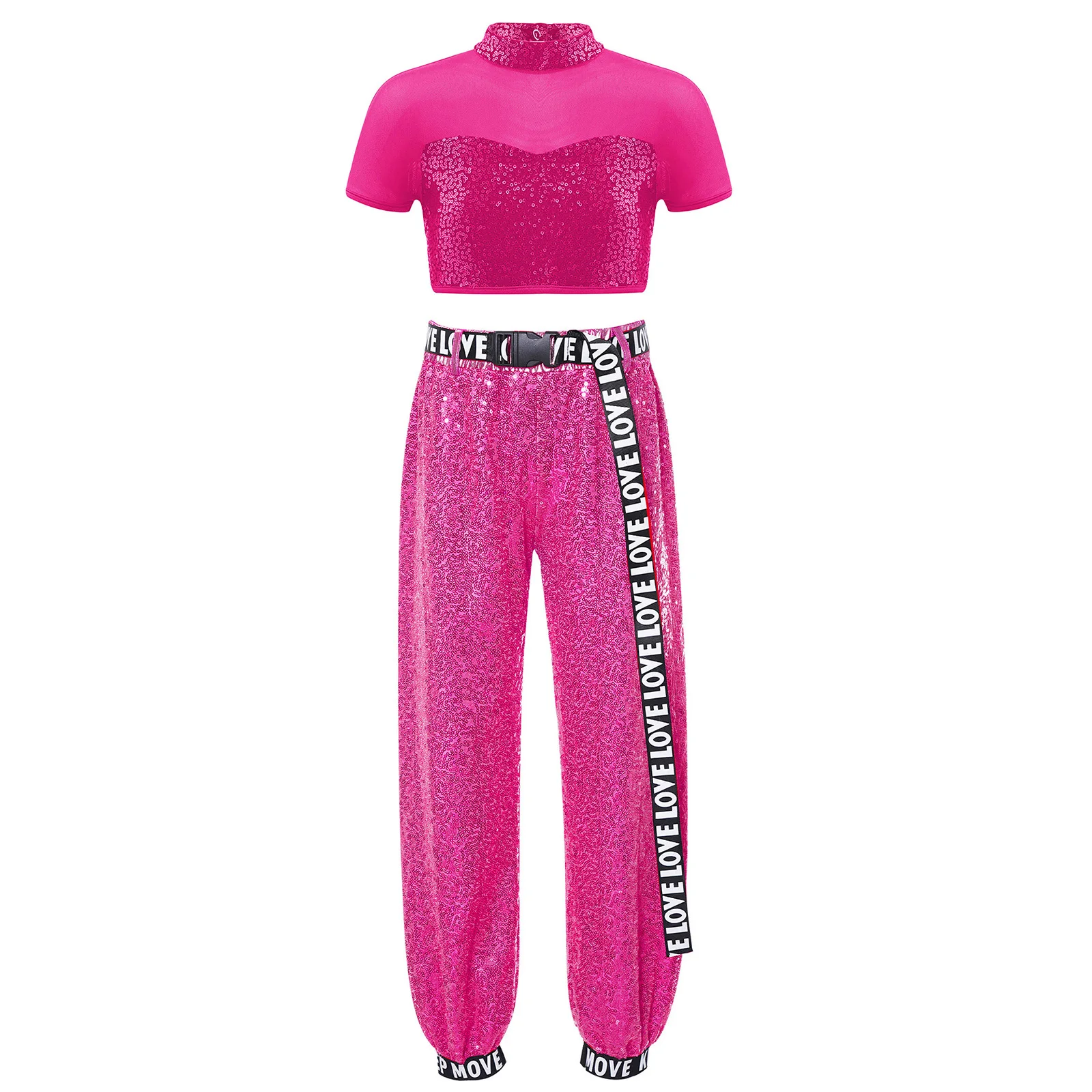 

Kids Girls Shiny Sequins Hip Hop Jazz Dance Outfit Short Sleeve Mesh Patchwork Cutout Back Crop Top+Pants+Letter Print Belt 3Pcs