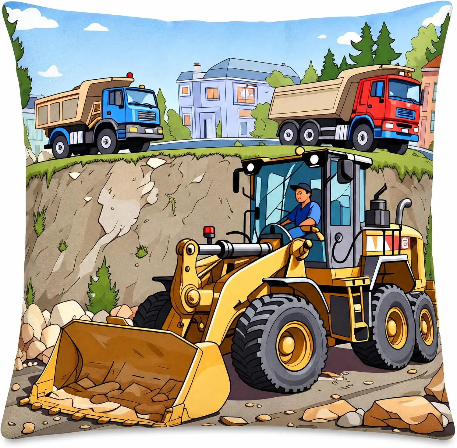 Construction Truck Pillowcase, Excavator & Dump Truck Cushion Cover, Kids Engineering Vehicle Home Decor, Cartoon Builder Boy