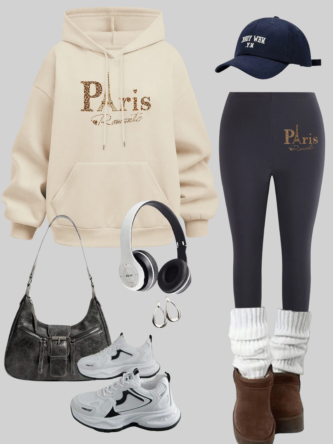 Paris Romantic Tower Prints Women Pullovers Y2K Fleece Pocket Hoodies Set Casual Thicken Pants Sets Woman Warm Soft leggings