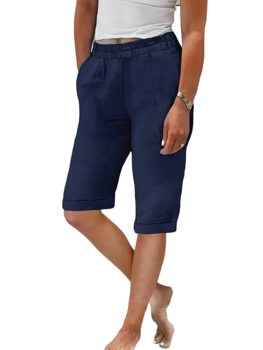 Summer Summer Casual Navy Pants for Women Elastic High Waist Solid Color Loose Fit Cropped Trousers With Pockets Fashion Chic Wear - Aliexpress Deal