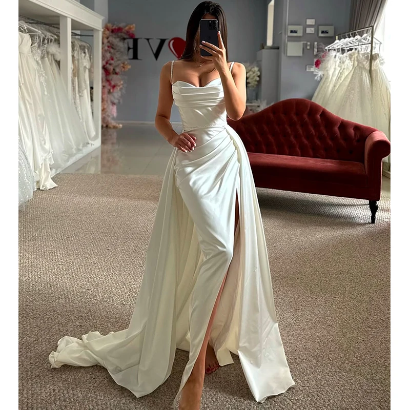 

Elegant Mermaid Wedding Dress Detachable Train Slit A Line Satin With Elegant Pleats Ballgown Sleeveless V-Neck Customized Bride