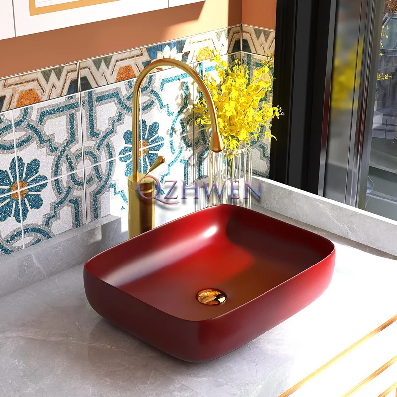 

Light Luxury Ceramic Washbasin Bathroom Sink Bordeaux Red Square Countertop Art Basin Hotel Balcony Sample Sink With Drainer Set