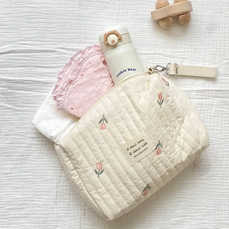 Cute Embroidery Cotton Baby Diaper Bag Newborn Diaper Storage Caddy Nappy Organizer Travel Stroller Hanging Bag Zipper Mommy Bag image 3