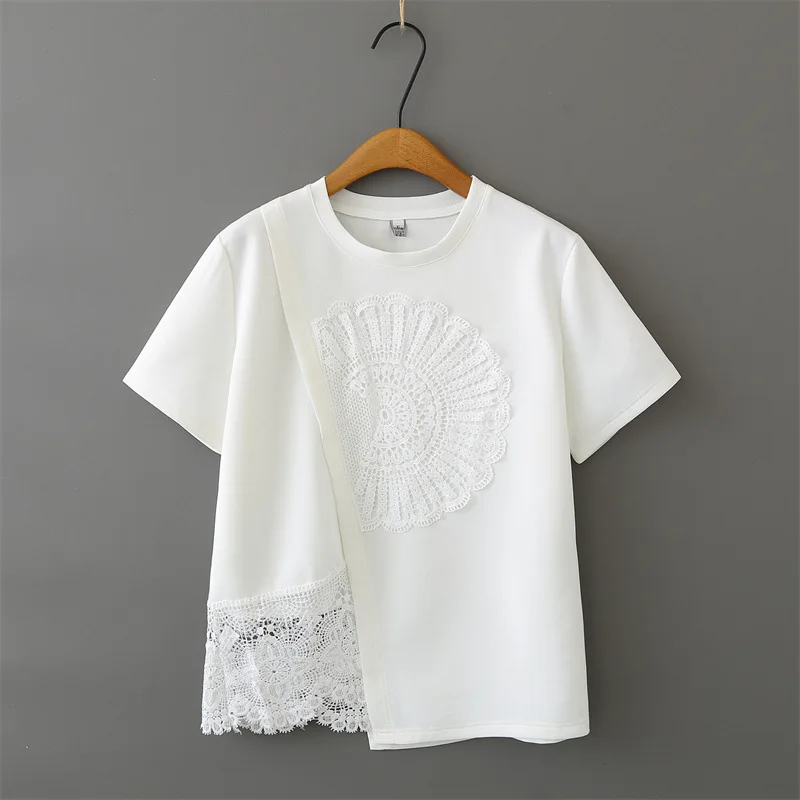 

2026 Summer Plus Size T-Shirt Women Irregular Splice Lace Crew Neck Short Sleeve Casual Tops 2661