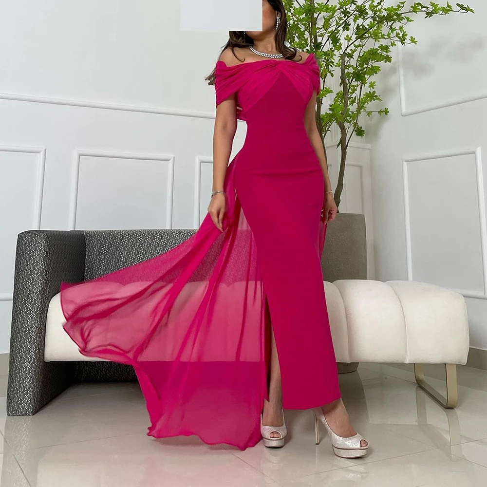 

Customized Jersey Straight Off the Shoulder Evening Dress Side Slit Floor Length Strapless Half Sleeves Panel Train Exquisite