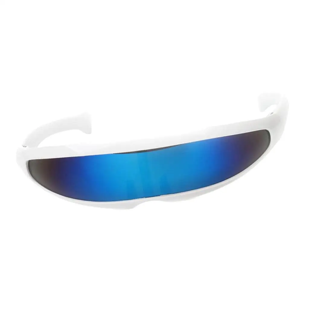 Gespiegelte Single Lens Visier Sonnenbrille Cosplay Brille, weißer Rahmen blau gespiegelt, wie beschrieben