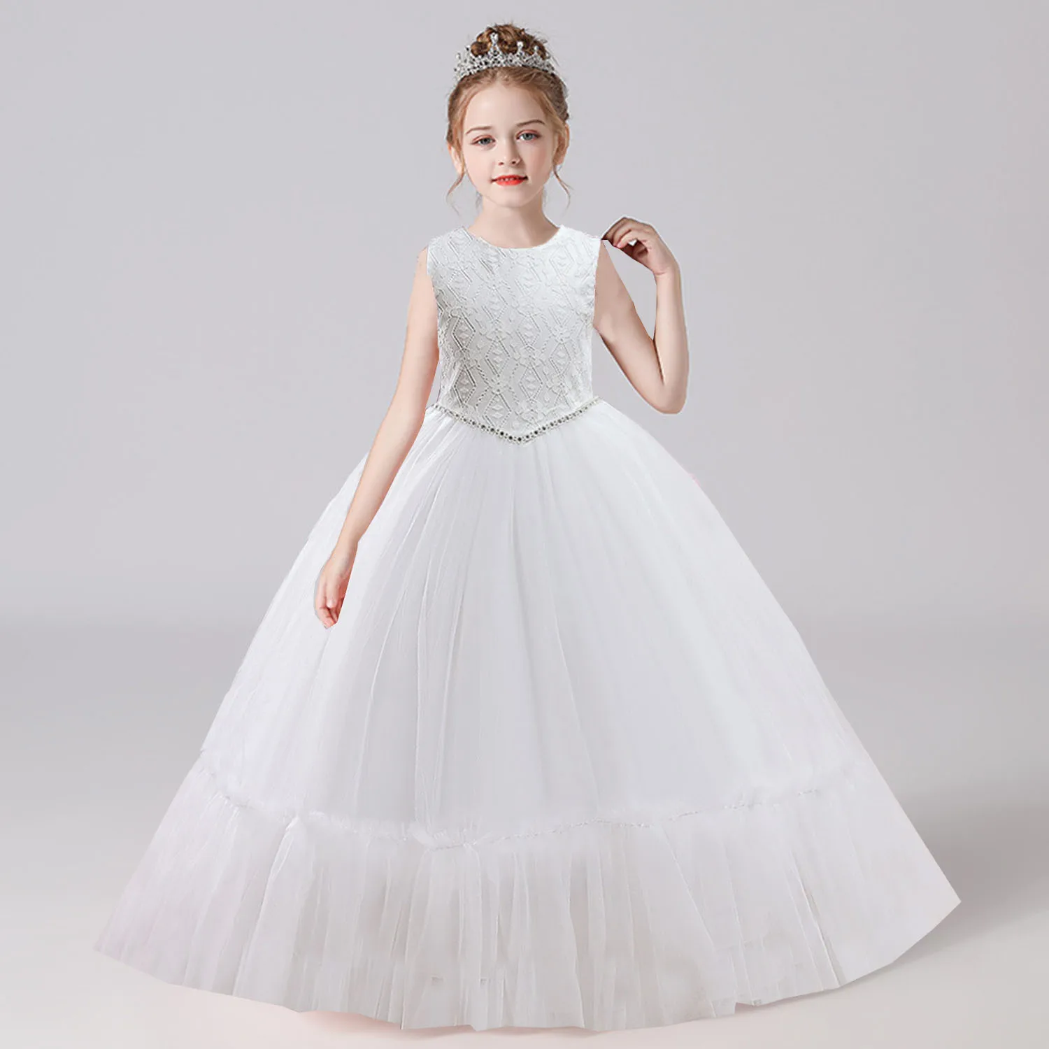 

Little Big Girls 7-12 Years Lace Appliqued Diamand Wedding Flower Girls Birthday Party Pageant Dress