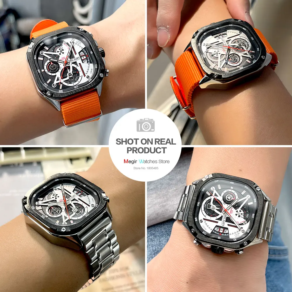 MEGIR Square Dial Quartz Watch Men Fashion Chronograph Stainless Steel Strap Wristwatch with Luminous Hands Auto Date Silver
