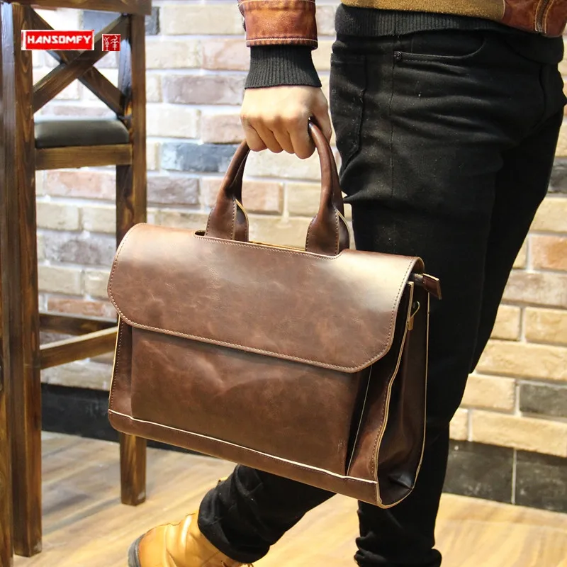 Crazy Horse Leather Men's Handbags Business Briefcase 14 Inch Laptop Bag Portable Shoulder Messenger Document Tote Bags 2024 New