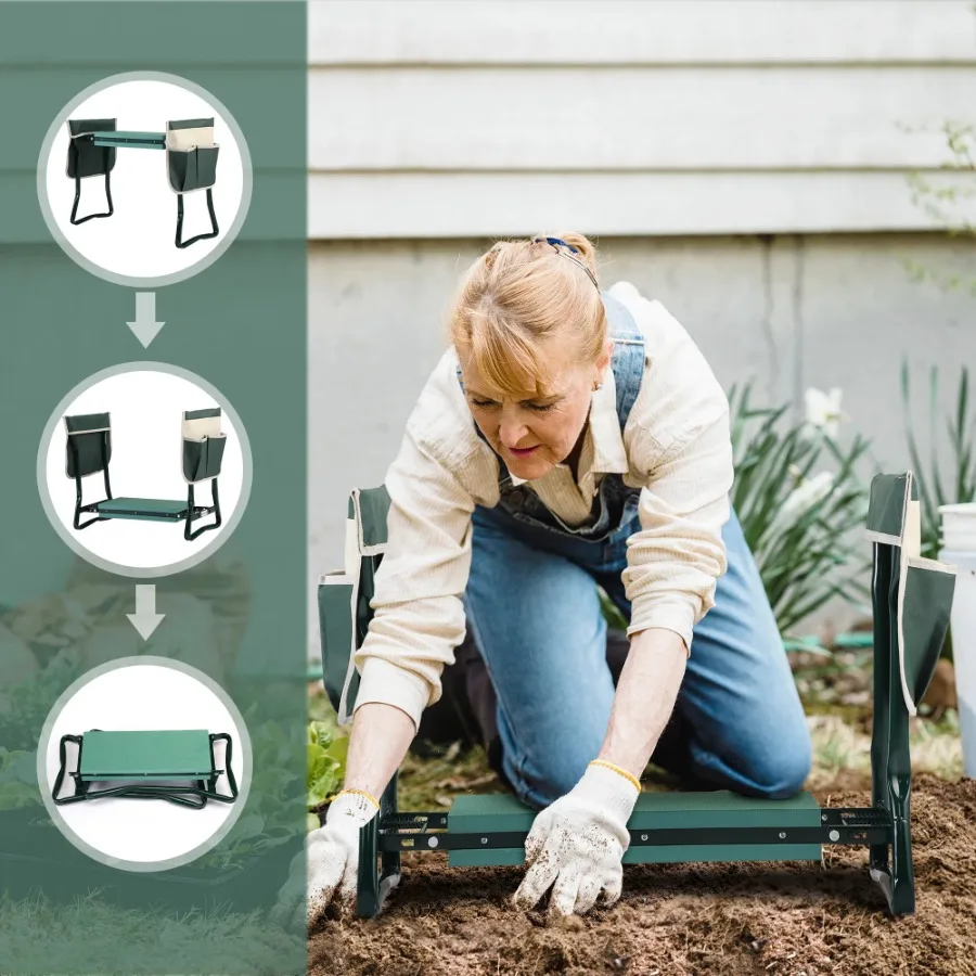 

Outdoor 2-in-1 Garden Stool and Kneeler; Garden Bench with Tool Bags; Kneeling Pad; Gift for Parent; Portable; Green