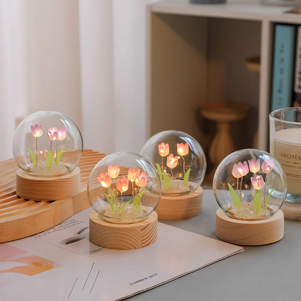 Tulip Flower Night Light With Glass Cover Handmade DIY Bedside Light LED Night Lamp Table Desk Lamp Bedroom Decor USB Mood Light