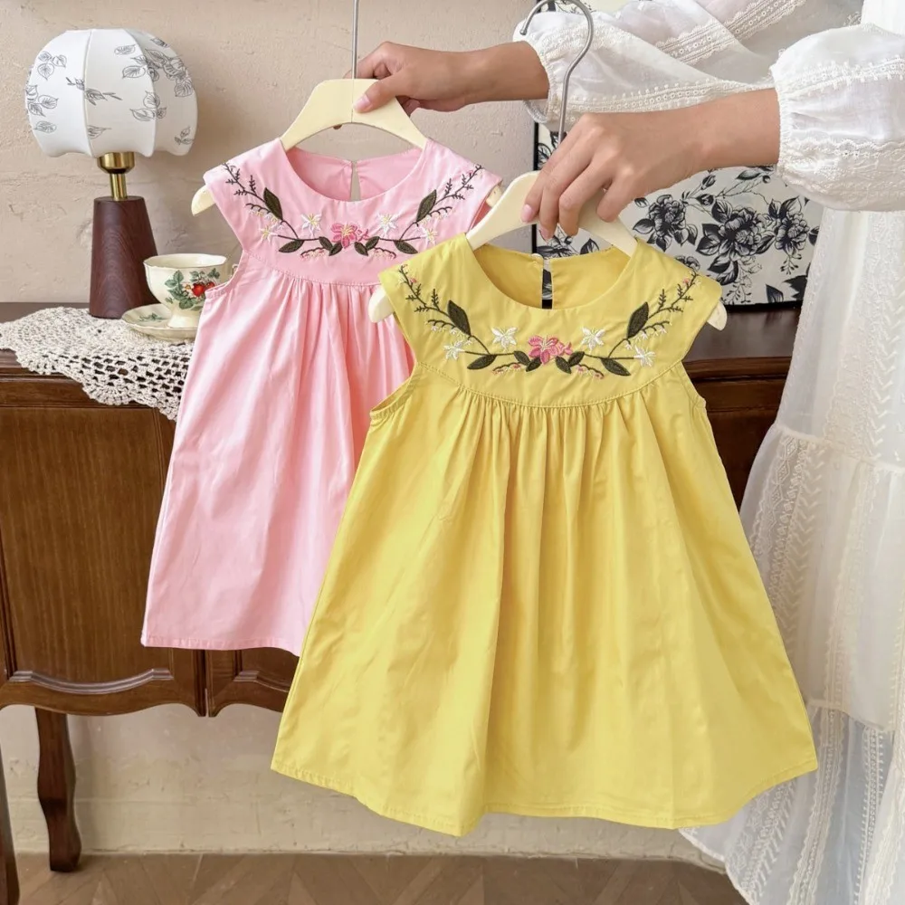 Korean Version Fashion Flower Embroidered Dress Summer New Solid Color Girls Clothes 2-7Y Kids Princess Wear