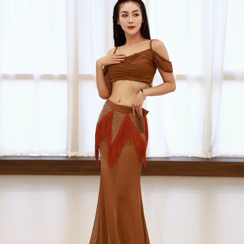 Traje de actuación de danza del vientre para mujer, traje de competición de temperamento Sexy, conjunto de práctica de danza Oriental para mujer adulta