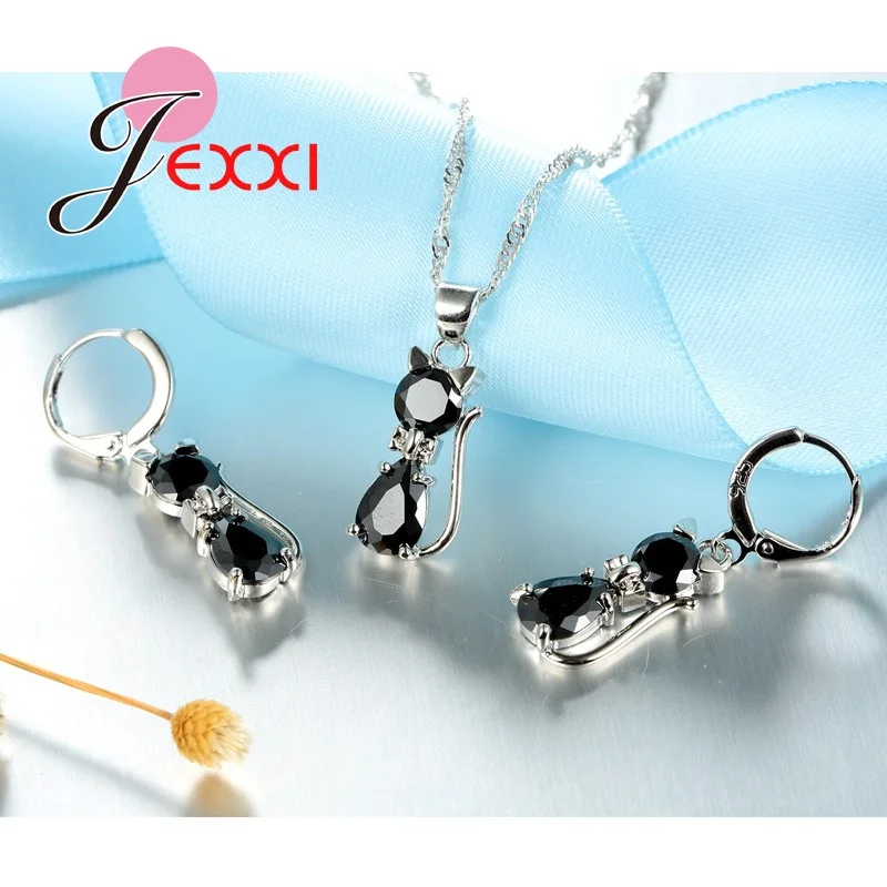 Ensembles de bijoux en argent pour femmes, livraison rapide, fiançailles romantiques, chat mignon, collier, boucles d\'oreilles avec cristal