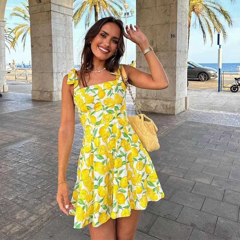 

Yellow Lemon Print Women Mini Dress 2024 New ZA Y2k Bow Lace Up Sleeveless A Line Vestido High Waist Summer Vacation Beach Dress