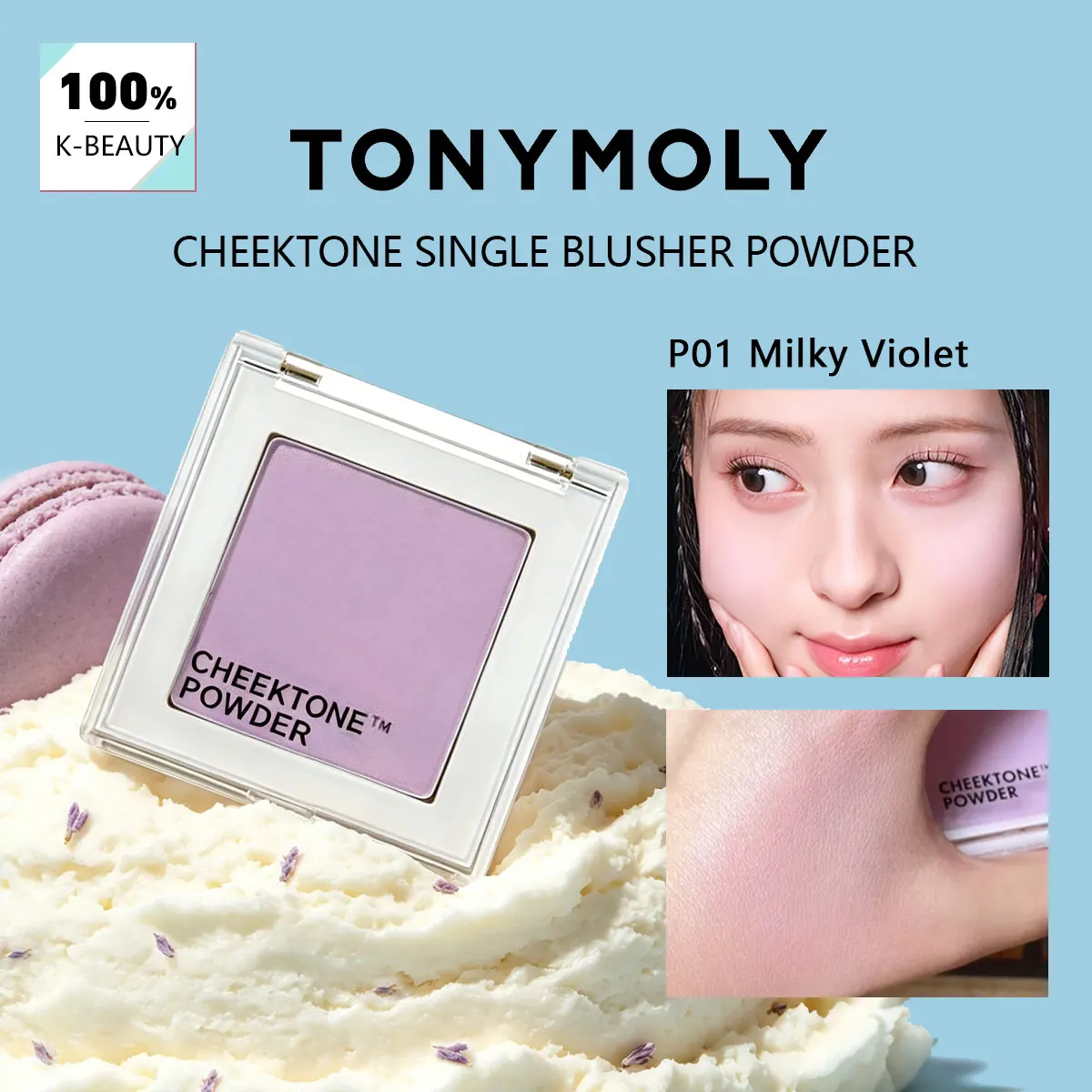 TONYMOLY Cheektone Single Blusher Powder P01 Milky Violet, durchscheinende, aufbaubare Deckkraft, koreanische Kosmetik, koreanisches Make-up