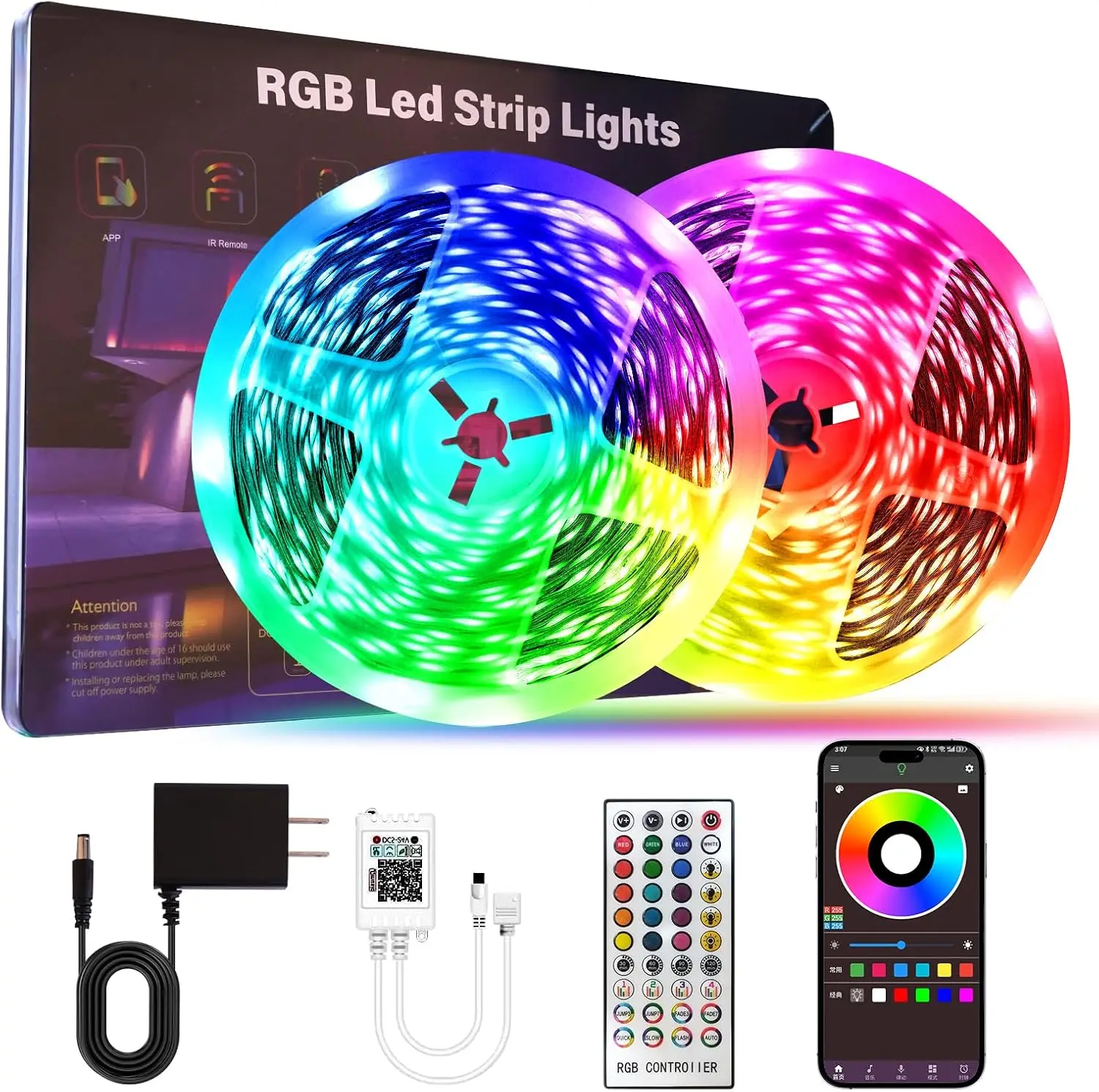 

Светодиодная RGB-лента 200 футов с пультом ДУ и управлением через приложение, синхронизация с музыкой для спальни, украшение для вечеринок