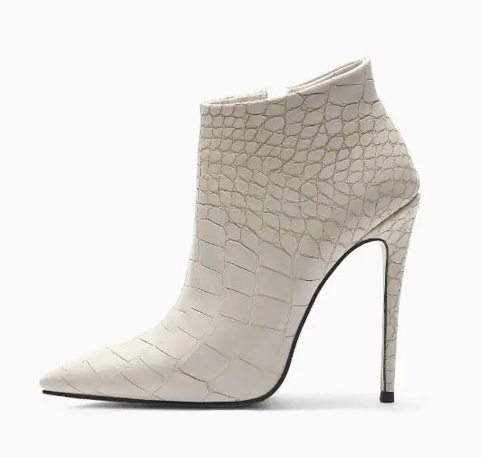 Drop Shipping Black Gray White Crocodile Print Leather Pointed Toe Zipper Side Ankle Boots Fashion Women Stiletto Heels Booties