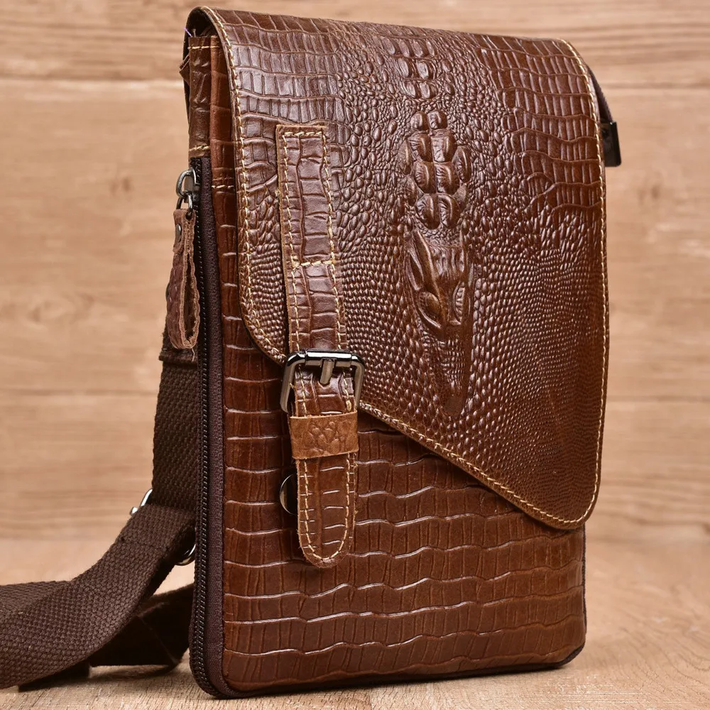 Crocodile Pattern Messenger Bag Genuine Leather Shoulder For Men Cowhide Fashion Small Flap Male Crossbody Chest Pack Handbag