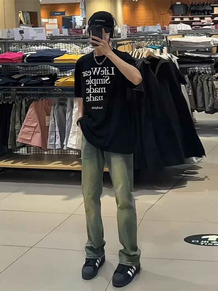 

Мужские летние тонкие джинсы-стрейч из синего денима в стиле ретро, прямые брюки с легким расклешением, повседневные молодежные джинсы в уличном стиле CleanFit