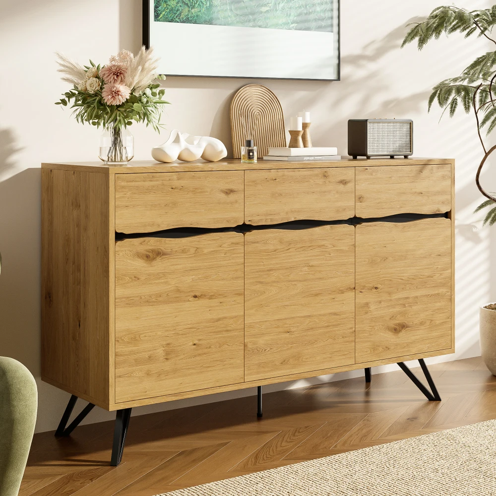 Buffet en bois PINGGO à 3 portes avec pieds en métal, design moderne, beaucoup de rangement, stable, facile d'entretien, pour salon, salle à manger, couloir