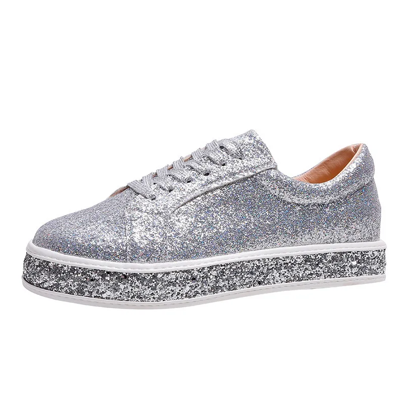 

2024 Spring New Sequined Lace-Up Sneakers Women's Heightened Rhinestone Lace-Up Shallow Mouth Large-Size Women's Shoes