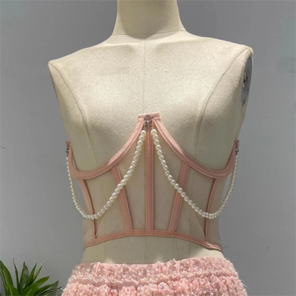 Sabuk Pinggang Wanita Model Korset Transparan dengan Rantai Mutiara Mewah, Tali Lebar, dan Desain Tank Top