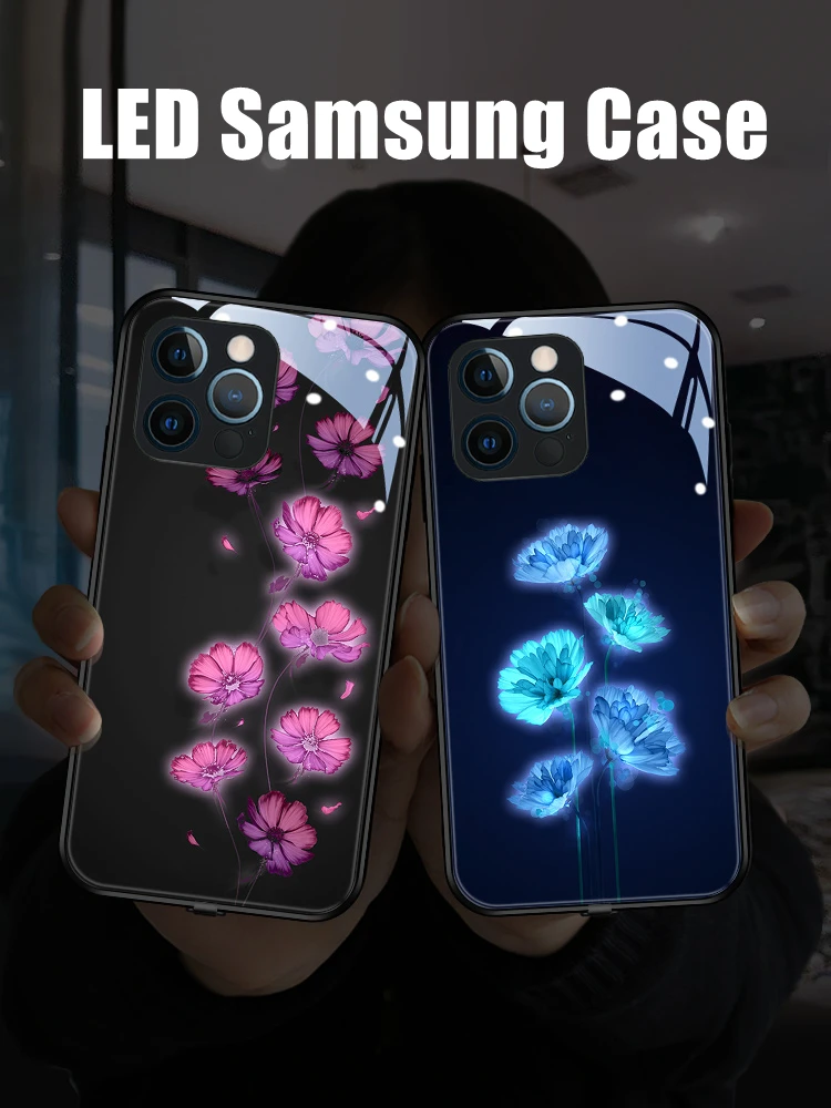 

Beautiful Flower LED Light Glowing Luminous Tempered Glass Back Phone Case for Samsung S24 S22 S23 Note 10 20 A14 A54 Plus Ultra