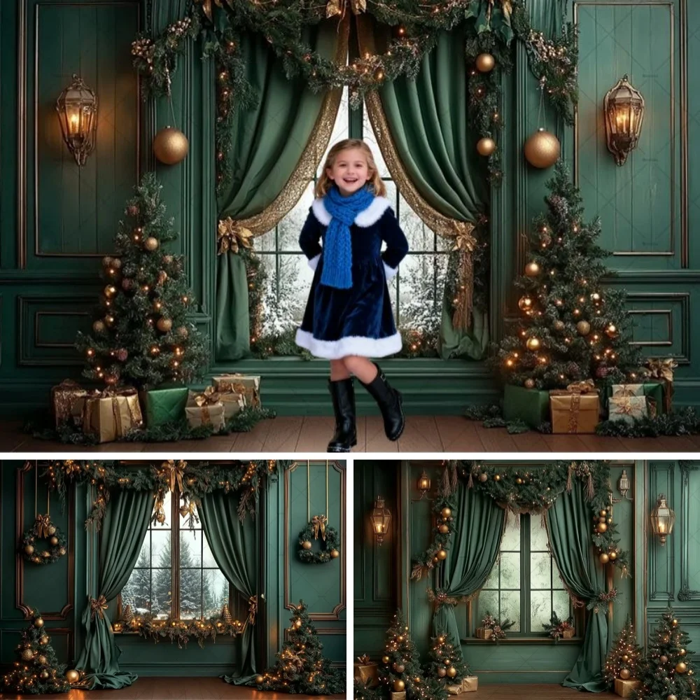 

Vintage Green Window Curtain Christmas Photography Background Xmas Wreath Room Decor Backdrop Winter Kids Portrait Photo Studio