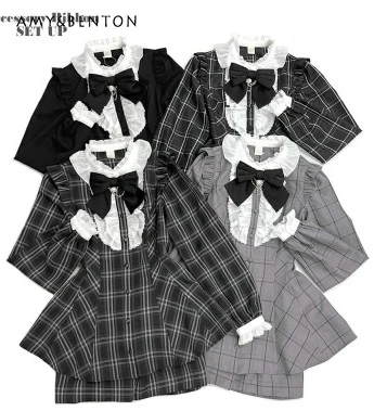 SC Sets Japanese Lolita Dress Shorts Women's Plaid Heart Bow Long Sleeve Shirt High Waist Shorts Two Piece Outfits Shorts Set