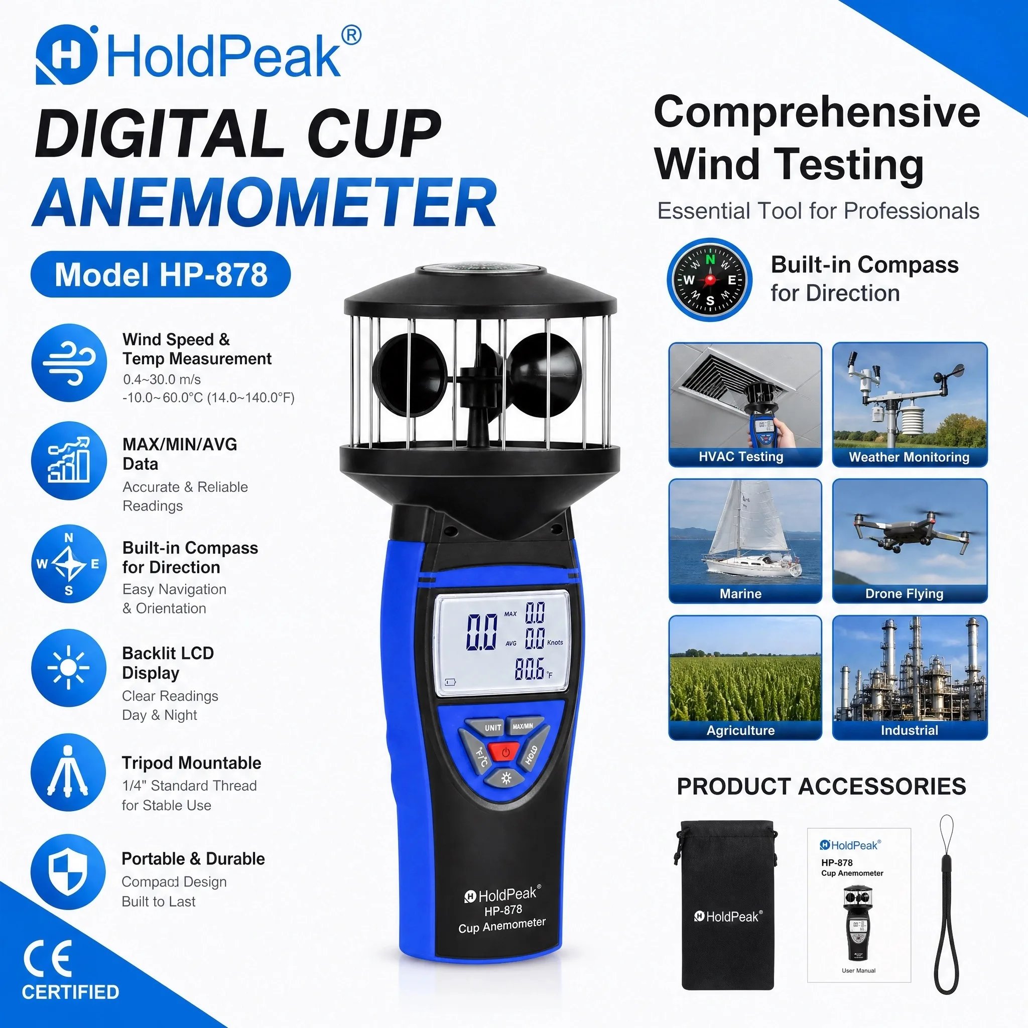 HoldPeak HP-878 Cup Anemometer 0.7-42m/s 4 Units Compass 360° MAX/MIN/AVG Backlight Data Hold for Sailing HVAC