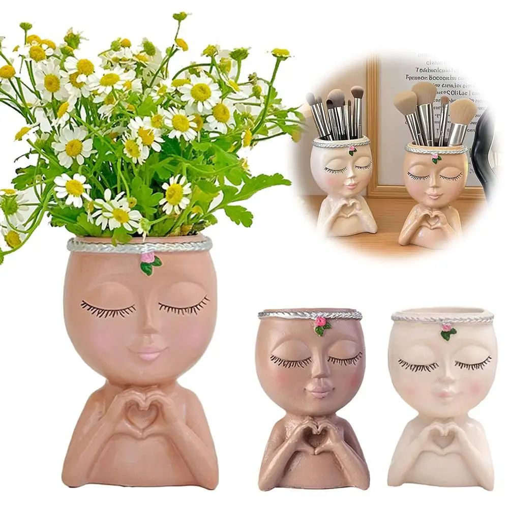 Decorative Human-Face Holder Resin Face Flower Pot with Drainage Hole Loving Little Girl Succulent Planter Figure Art Statue