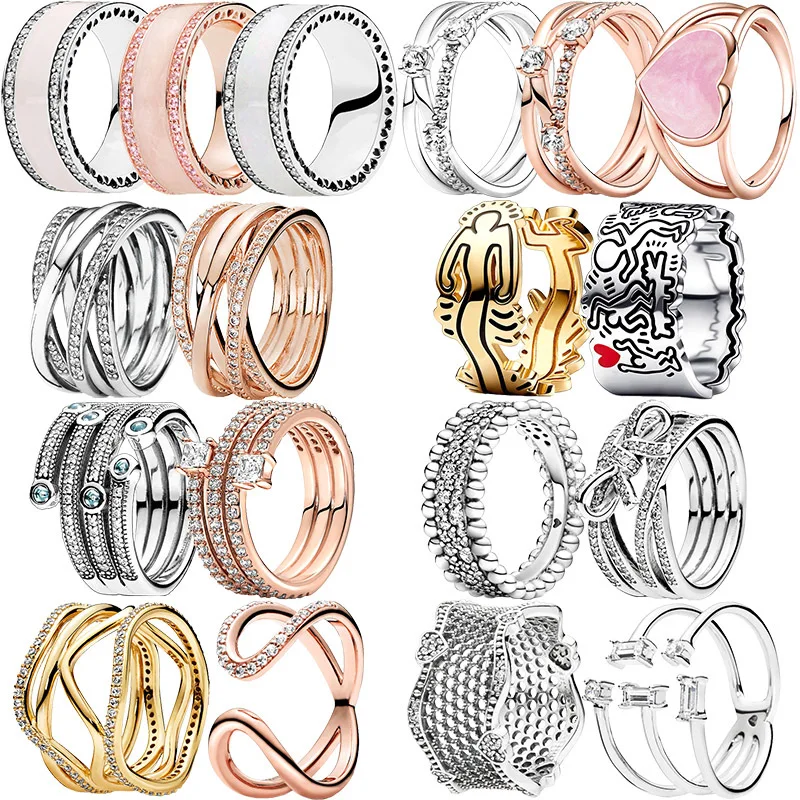 Anillos anchos Es pulidos de Plata de Ley 925 con lazo de corazón de oro rosa y circonita transparente brillante para mujer, joyería de boda de aniversario