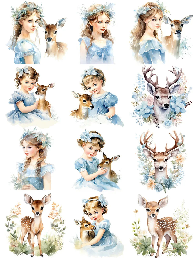 Blue Girl and Sika Deer Stickers Crafts And Scrapbooking stickers kids toys book Decorative sticker DIY Stationery