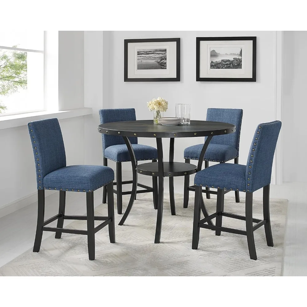 Espresso Wood Counter Height Dining Set with Blue Fabric Nailhead Stools,