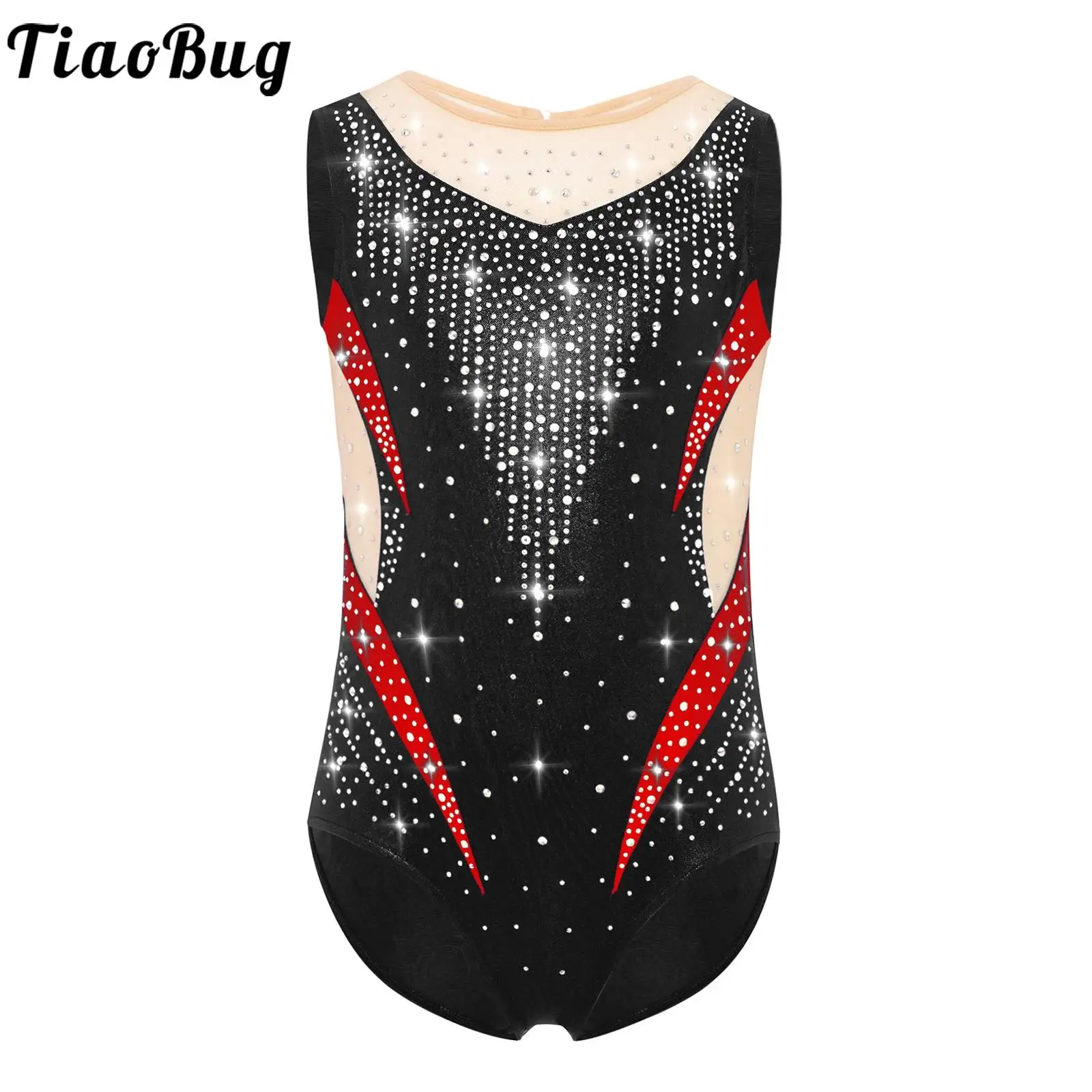 

Kids Girls Shiny Rhinestones Ballet Dance Gymnastics Leotard Sheer Mesh Jumpsuit Figure Skating Acrobatics Performance Dancewear