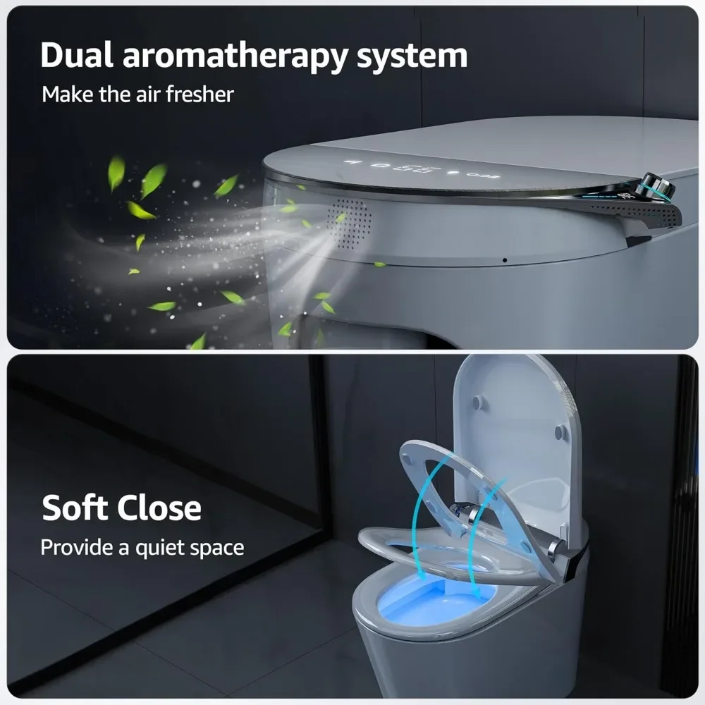 Sanitário inteligente sem tanque com sensor de pé, controle remoto sem fio, temperatura ajustável, sifão de 360 graus, bidê embutido