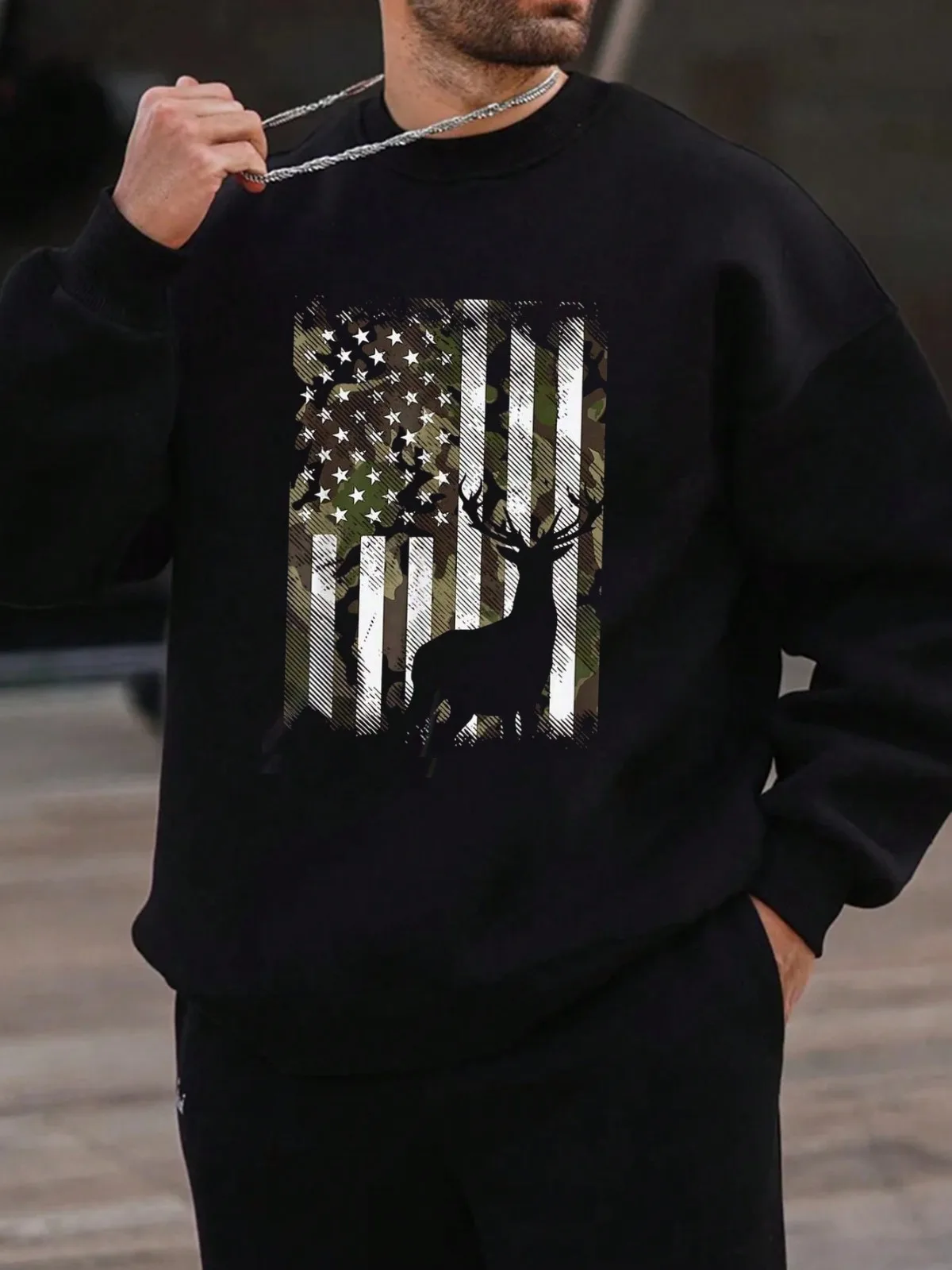 

Men's Casual Fashion Flag & Deer Letter Pattern Printed Hoodie Round Neck Pullover Suitable for Holiday Gifts Street Sports Tops