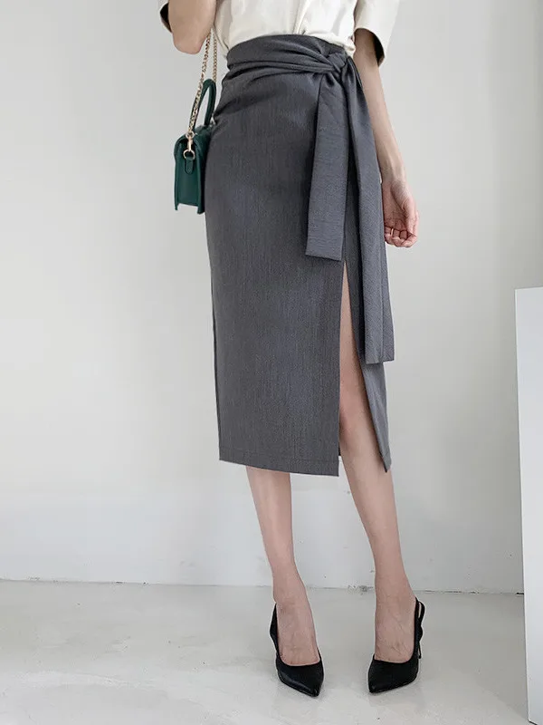 Gonna longuette a vita alta Ele da donna Faionable Versatile f-lunghezza Primavera Semplice Chic Gonna snellente con cintura con cravatta laterale