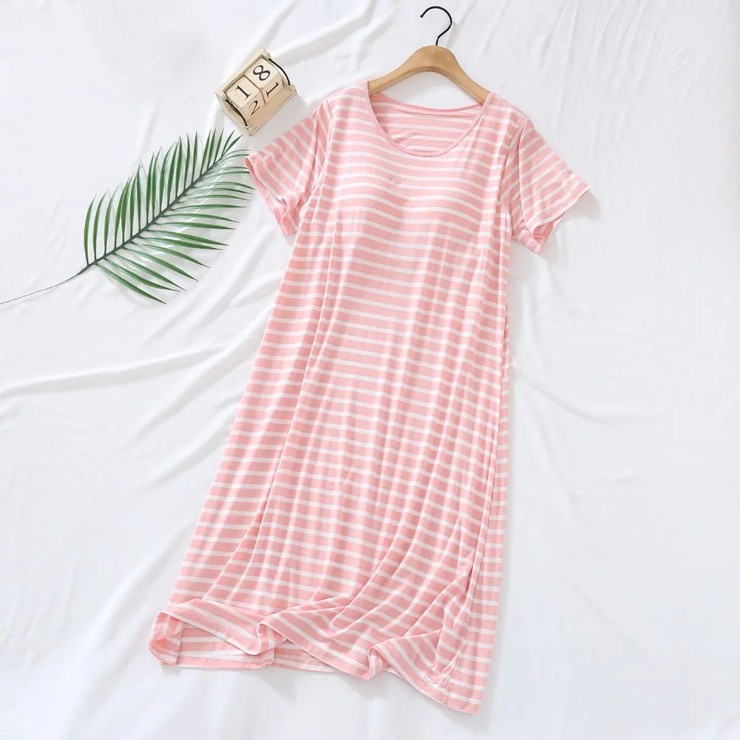 2026 Spring Summer Women Striped Cotton Nightdress Built-in Bra Pad Short Sleeve Midi Sleepwear Loungewear