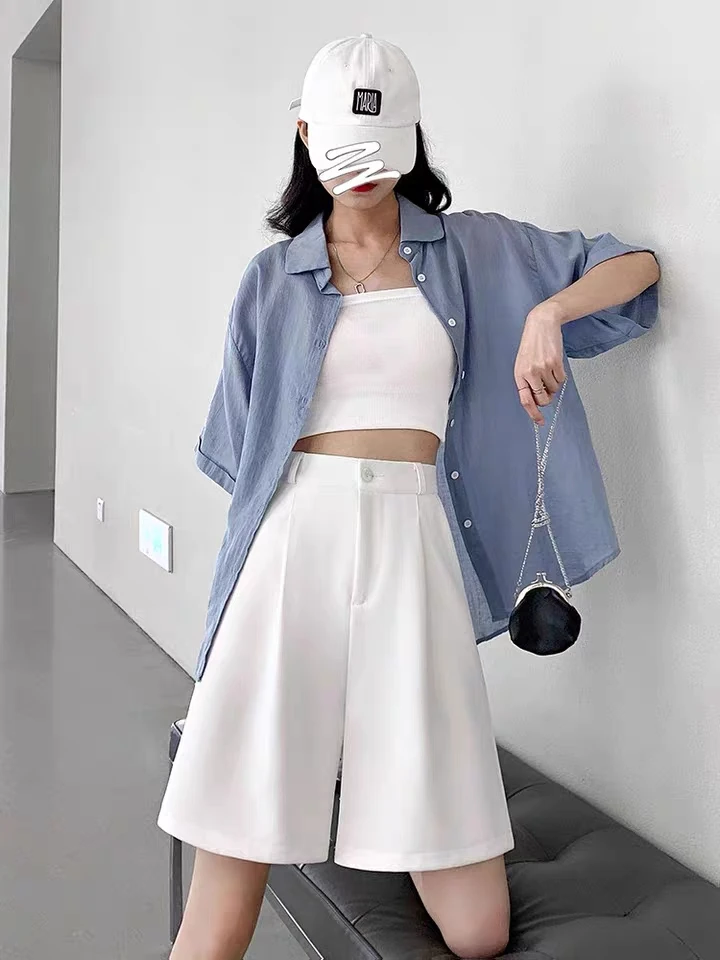 

High Waist Wide Leg Short Pants Women's Summer Thin Large Size Casual Loose Fit Five-Quarter Pants Korean Style Commute Wind