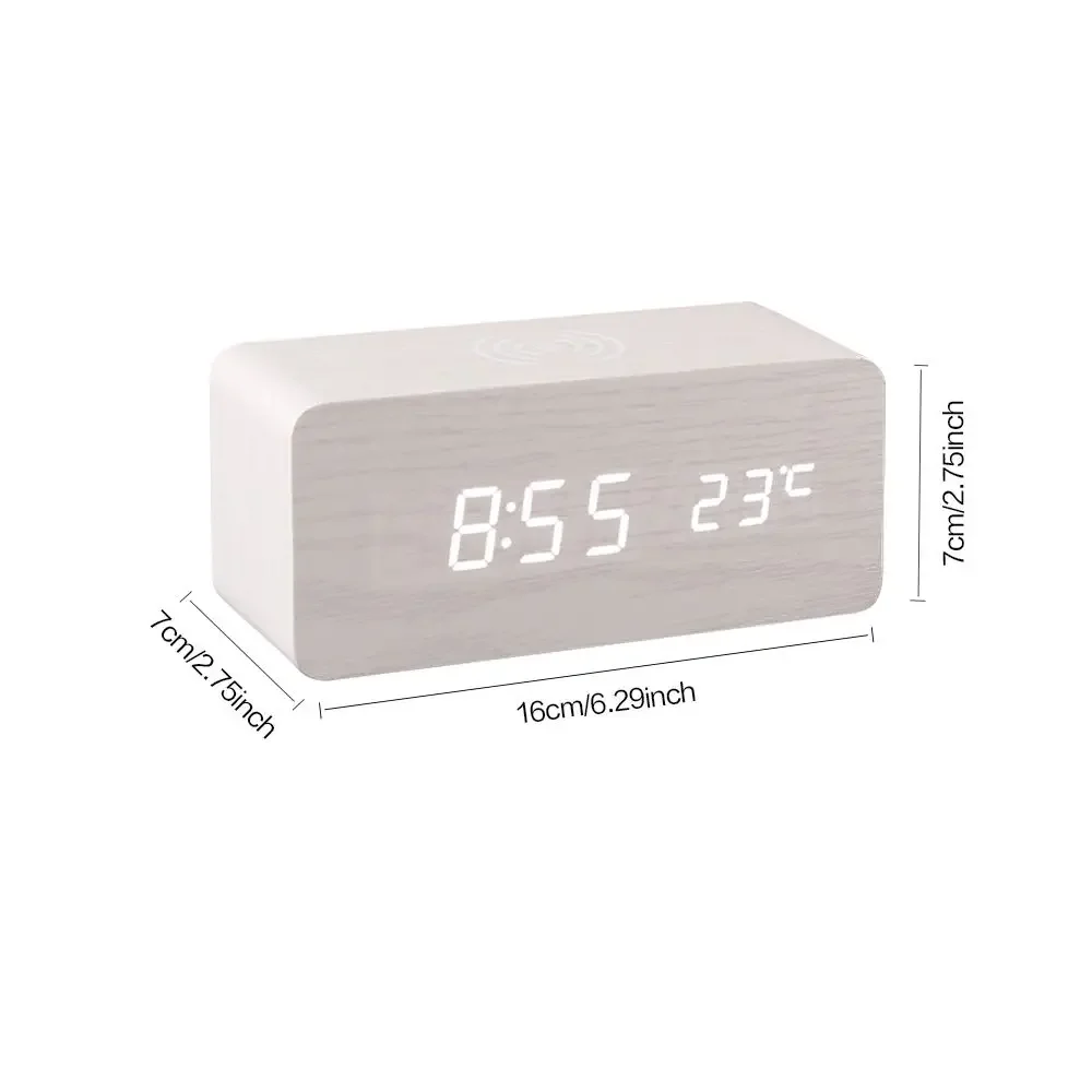 Digital Alarm Clock With Wireless Charging Home LED Small Bedside Clock With Temperature And Humidity Display Wood Grain Clock