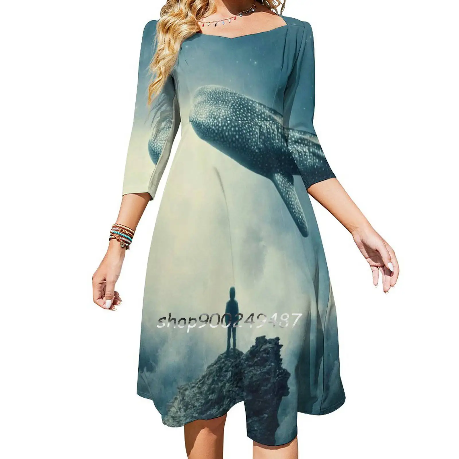 Lost In Reverie Evening Party Dresses Midi Sexy Dress Female Sweet One Piece Dress Korean Whale Boy Rain Dream Reverie Clouds